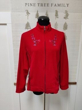 Alia Sport Red Embroidered Floral Full Zip Fleece Jacket Size Small